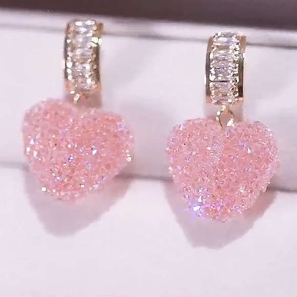 Sparkly Heart Shaped Rock Candy Drop Earrings with Pave Set Baguette Crystals - Picture 1 of 5